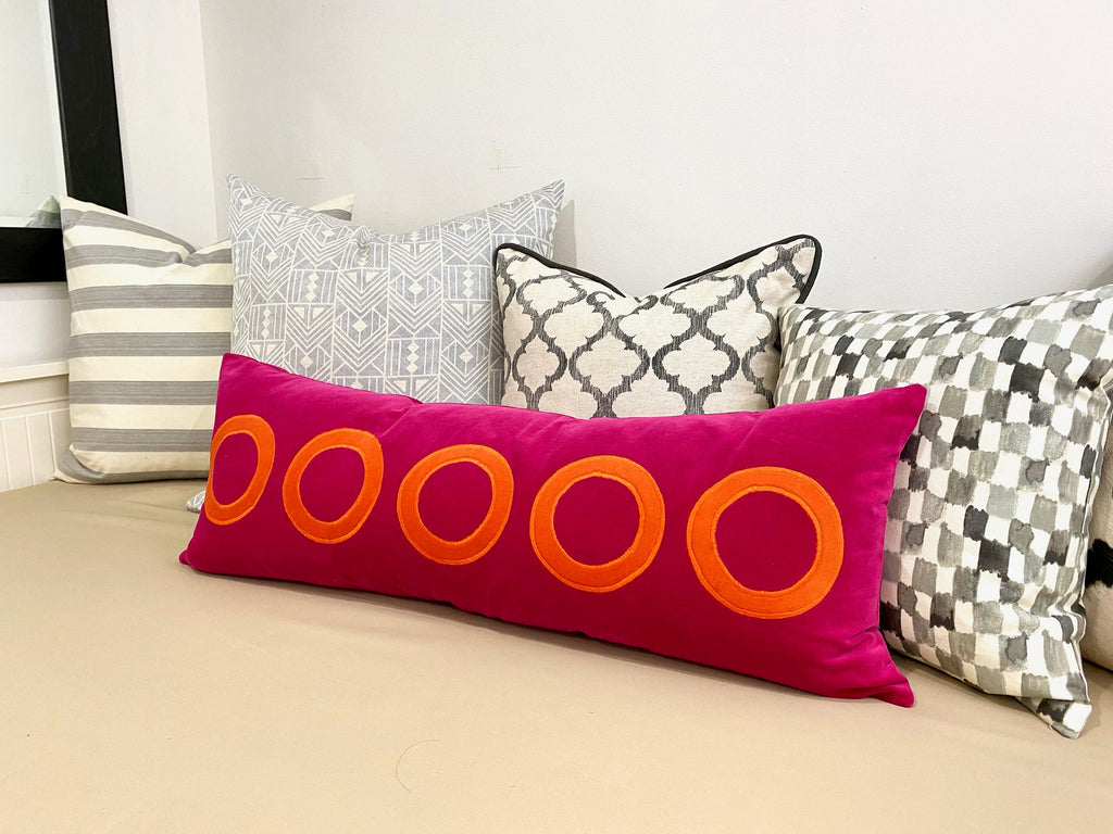 Orange Velvet Pillow Cover with Pink Appliqué Circles