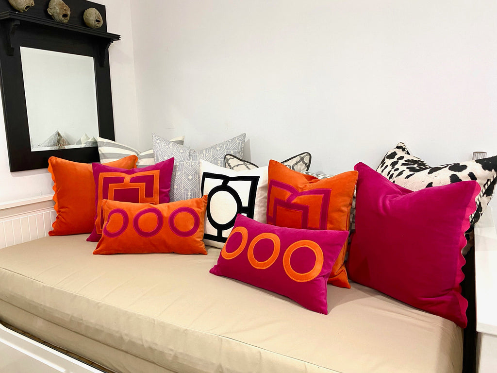 Fuchsia Pillow Cover - Pink Velvet Pillow Cover with Rectangular Orange Velvet Appliqué