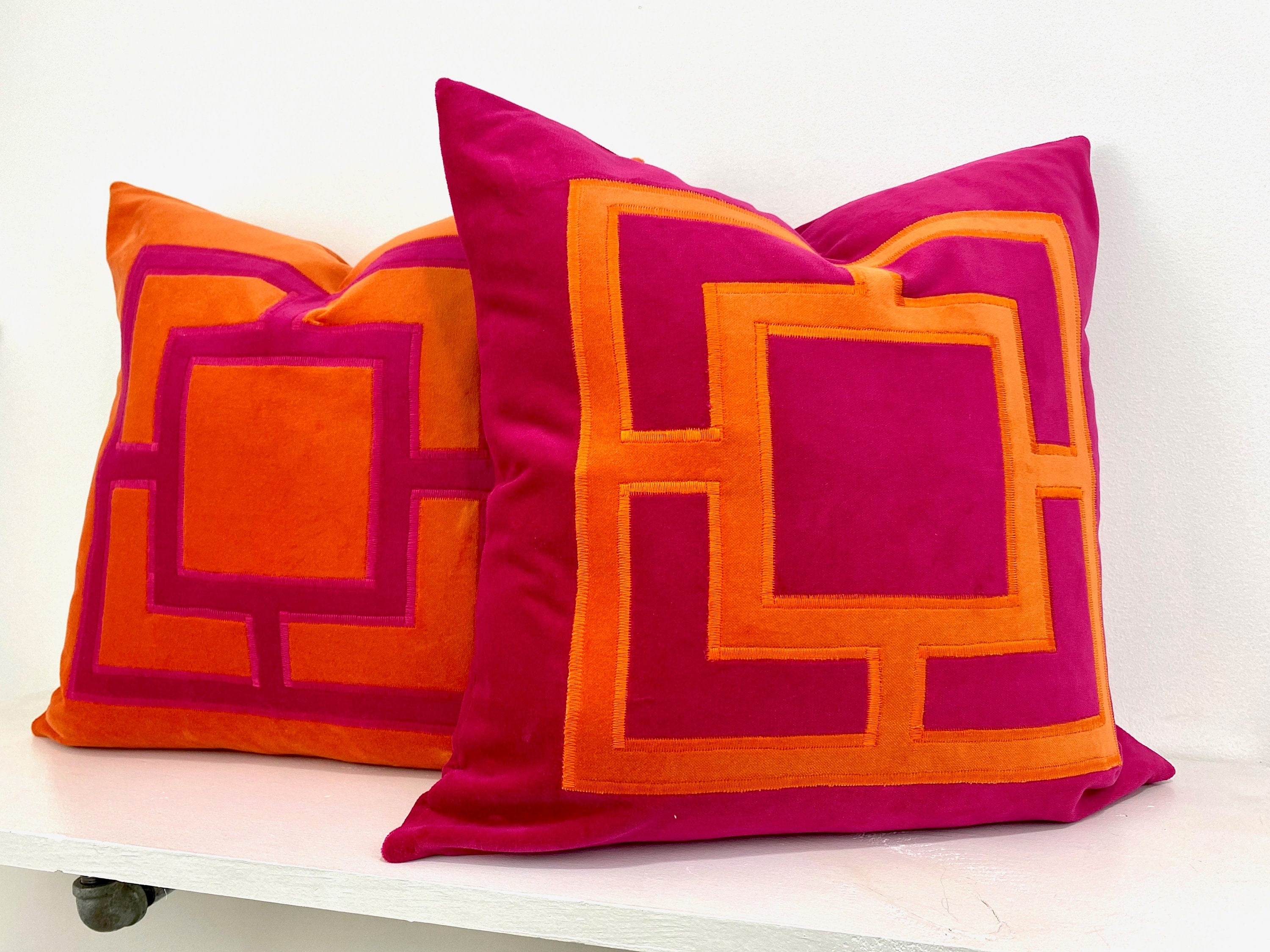 Fuchsia Pink and Orange Square Velvet Applique Pillow Cover