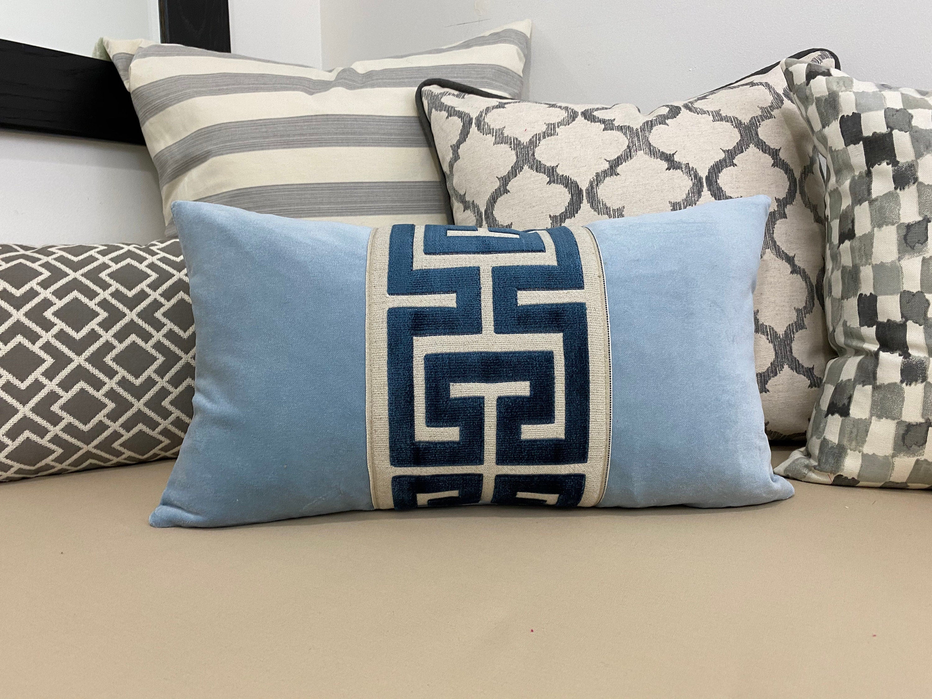 Light Blue Velvet Lumbar Pillow Cover with Large GRAY Greek Key Trim