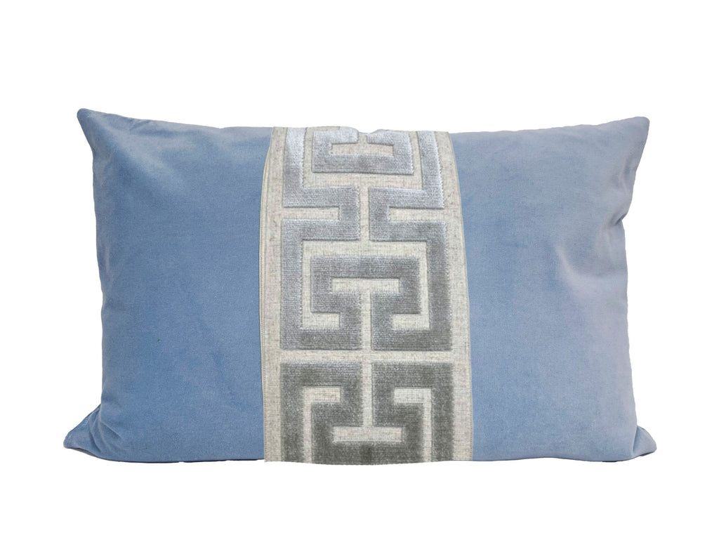 Light Blue Velvet Pillow Cover with Large Greek Key Trim - SELECT TRIM COLOR