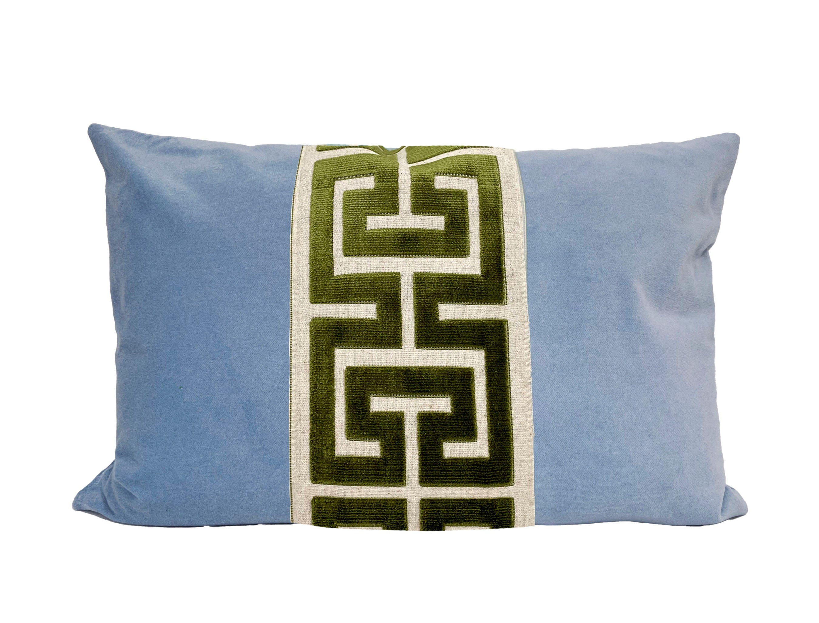 Light Blue Velvet Pillow Cover with Large Greek Key Trim - SELECT TRIM COLOR
