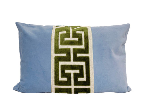 Light Blue Velvet Pillow Cover with Large Greek Key Trim - SELECT TRIM COLOR