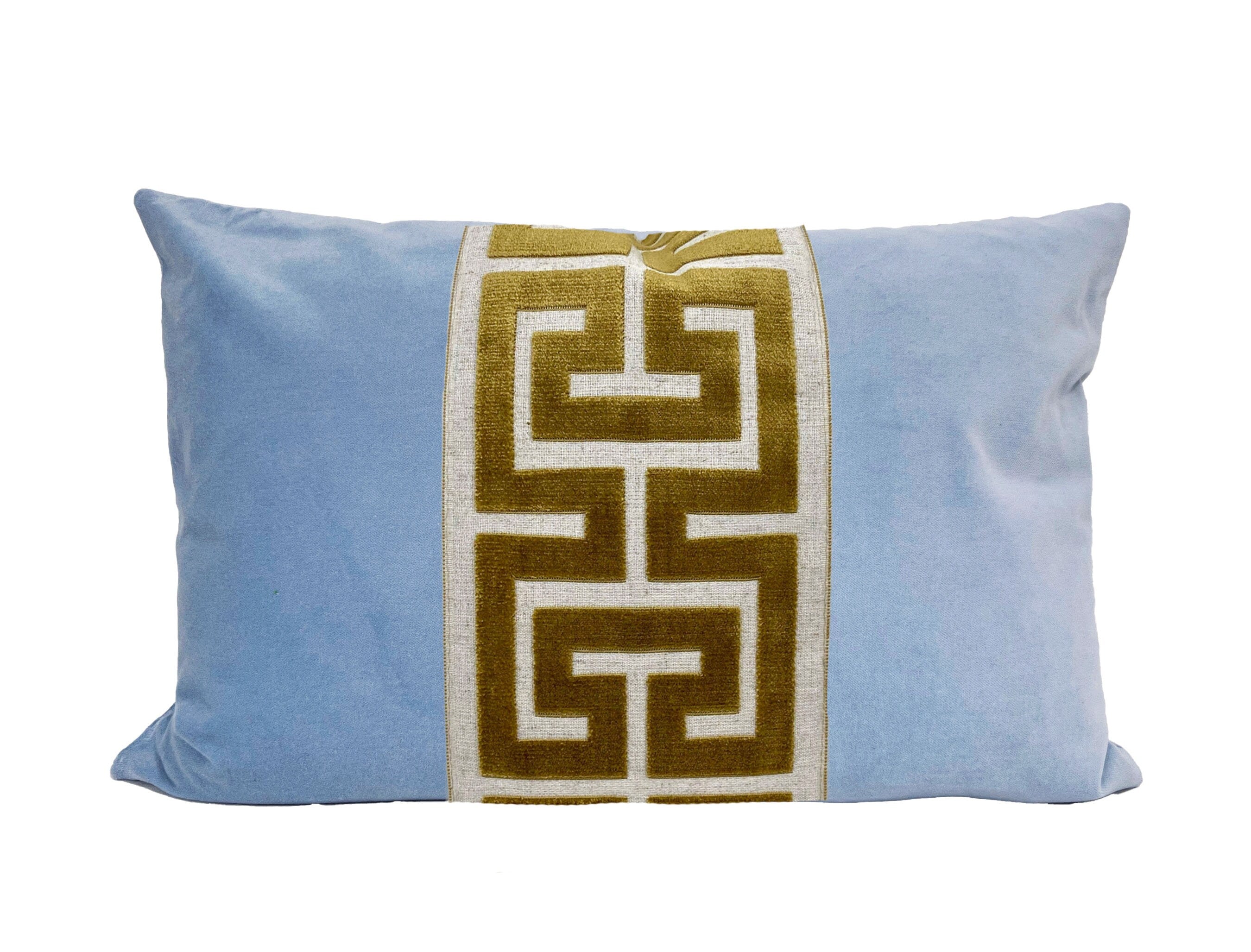 Light Blue Velvet Pillow Cover with Large Greek Key Trim - SELECT TRIM COLOR