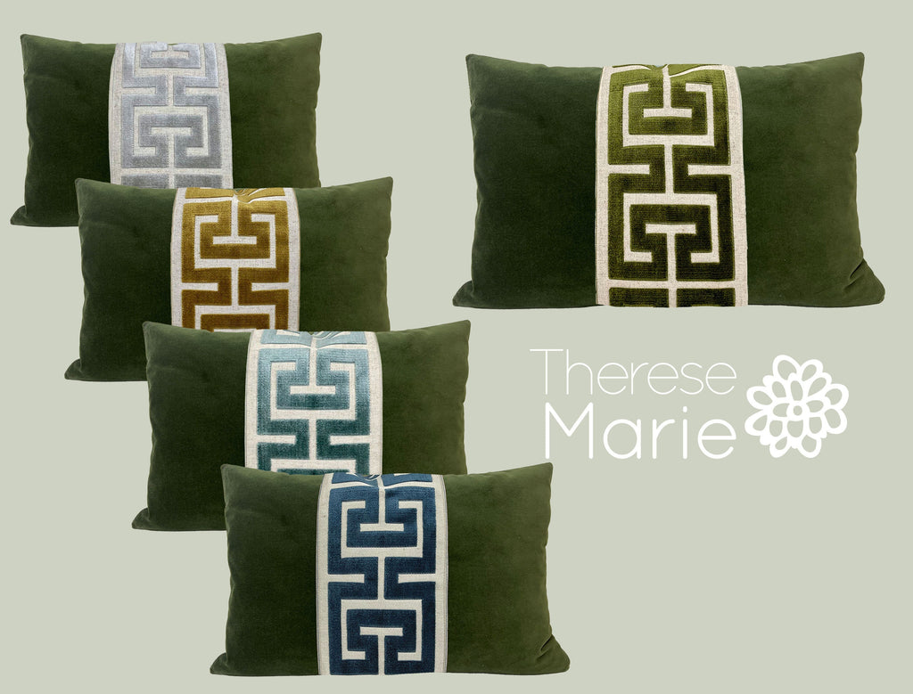 Moss Green Lumbar Pillow Cover with Large Greek Key Trim - SELECT TRIM COLOR