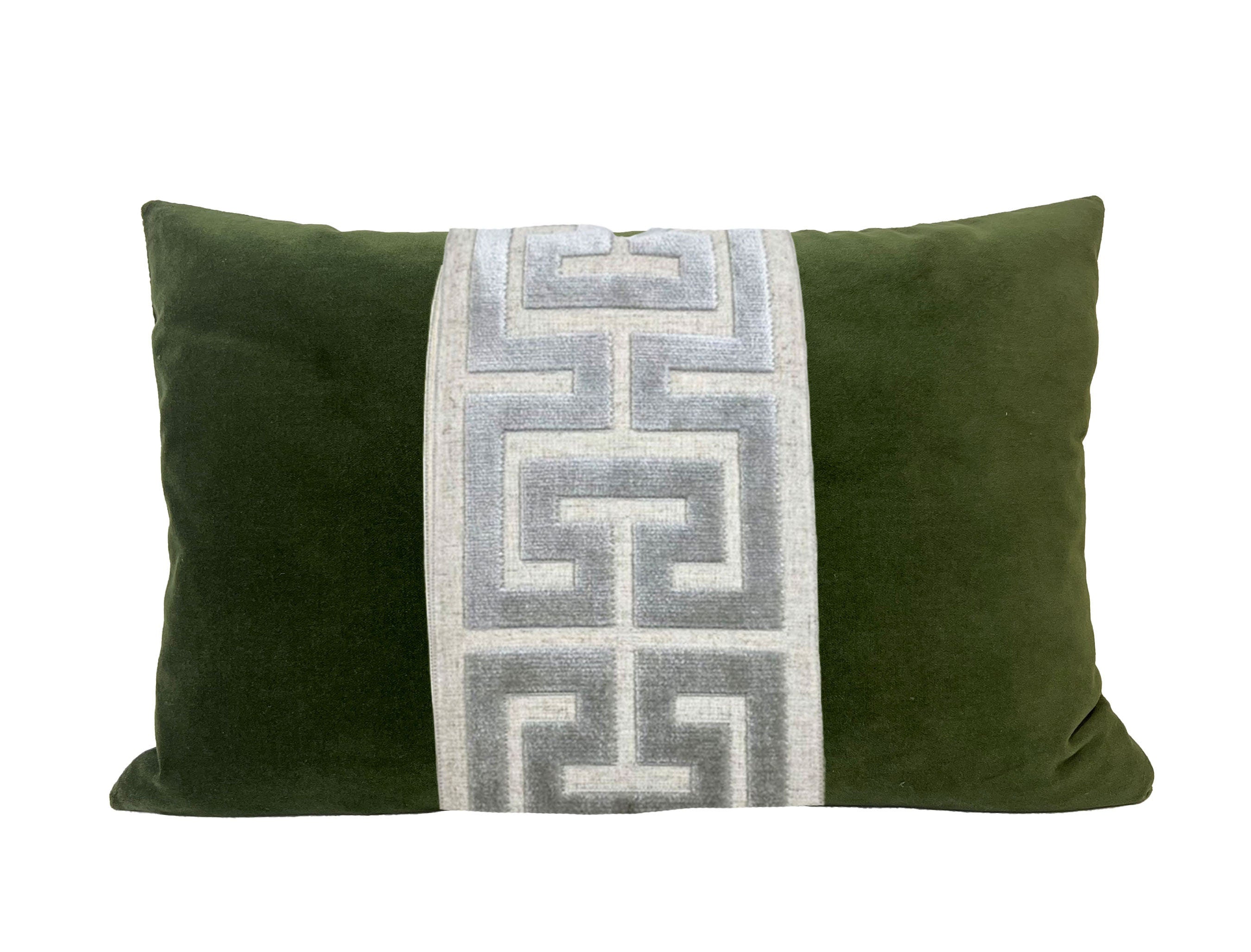 Moss Green Lumbar Pillow Cover with Large Greek Key Trim - SELECT TRIM COLOR