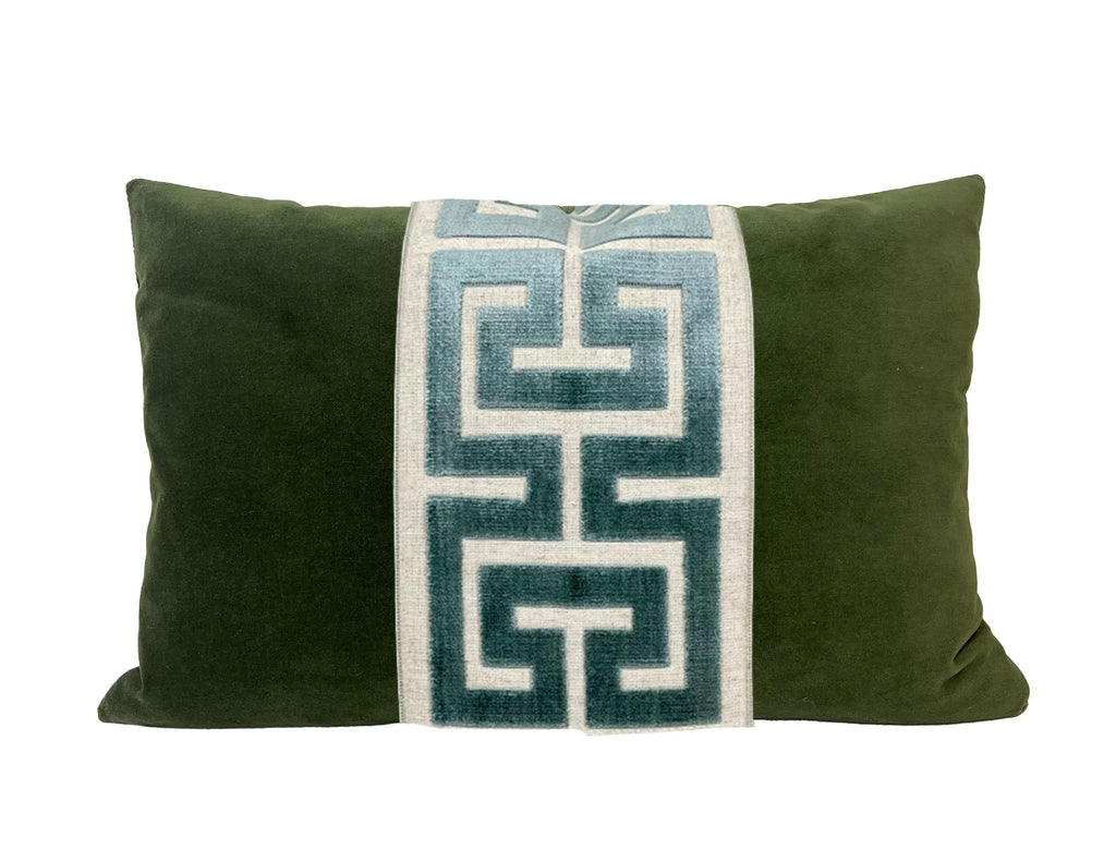 Moss Green Lumbar Pillow Cover with Large Greek Key Trim - SELECT TRIM COLOR