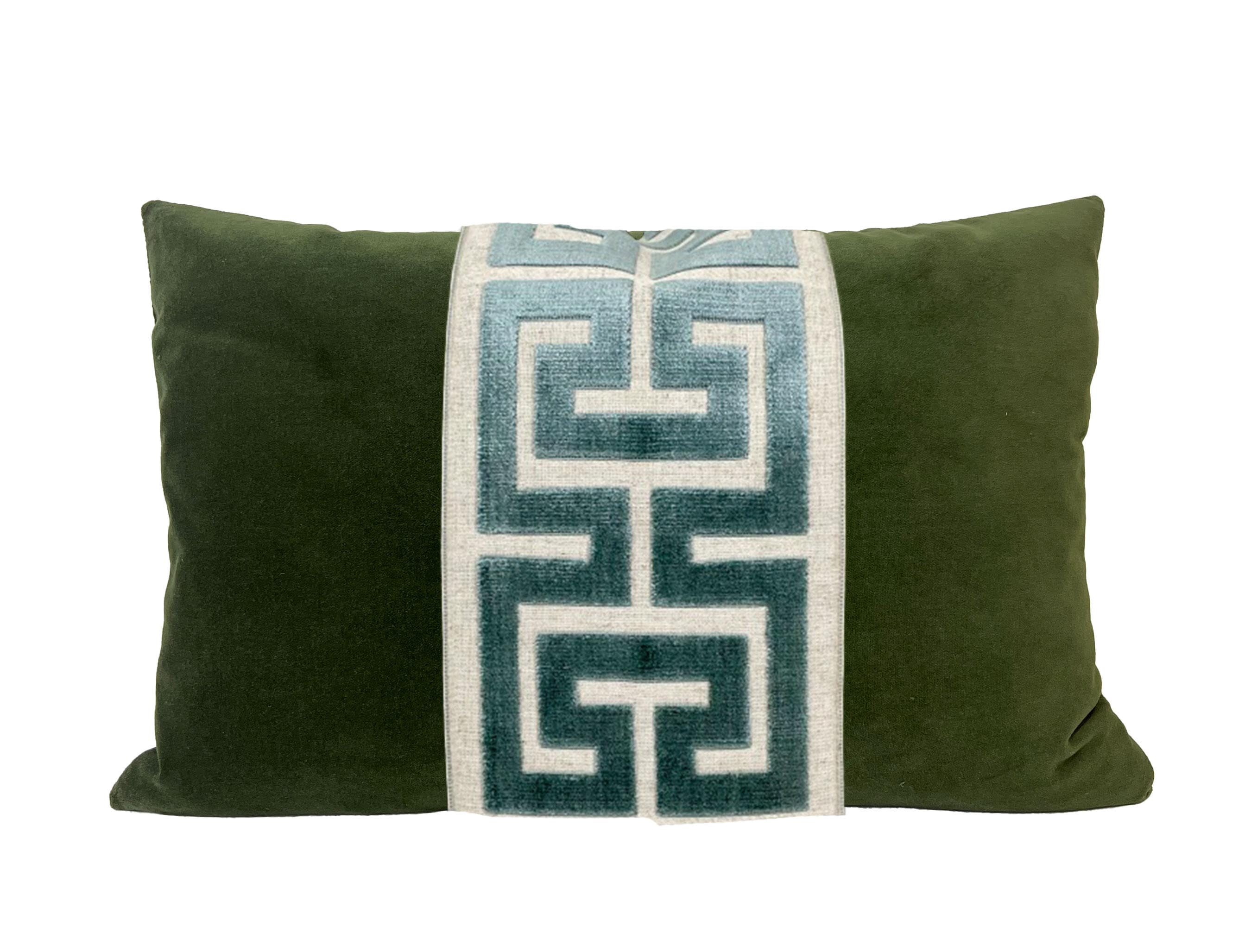 Moss Green Lumbar Pillow Cover with Large Greek Key Trim - SELECT TRIM COLOR
