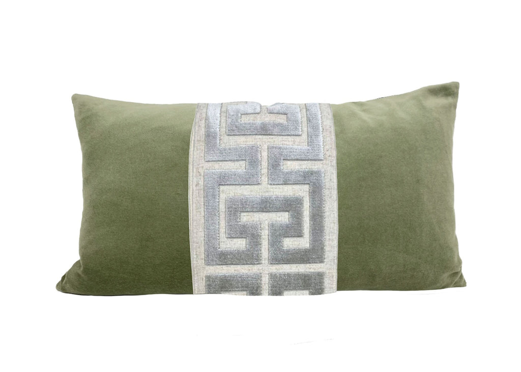 Sage Green Velvet Lumbar Pillow Cover with Large Greek Key Trim - SELECT TRIM COLOR