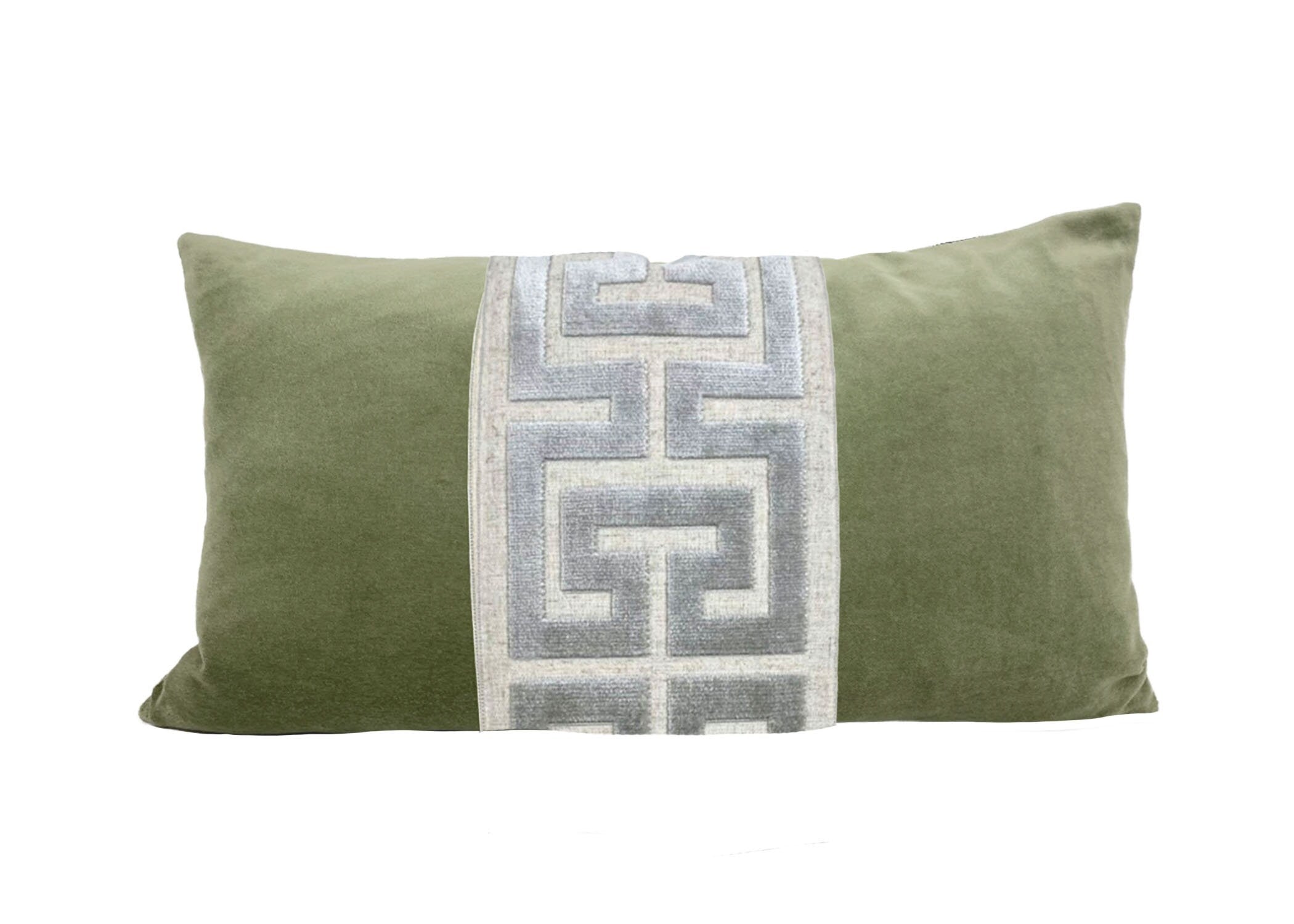 Sage Green Velvet Lumbar Pillow Cover with Large Greek Key Trim - SELECT TRIM COLOR