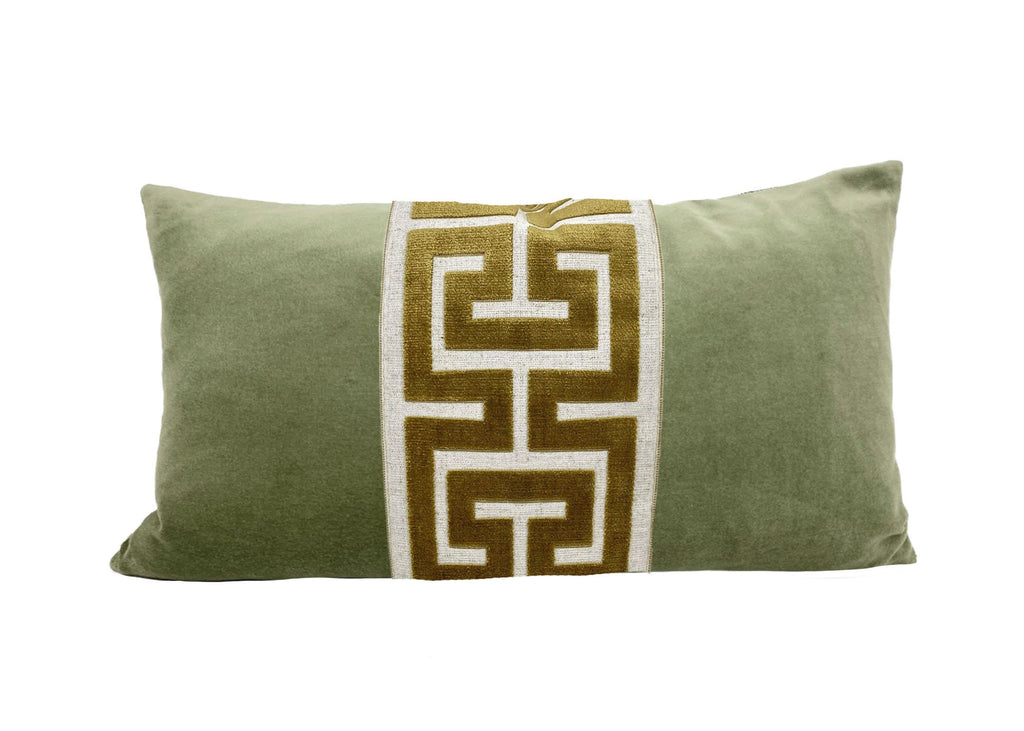 Sage Green Velvet Lumbar Pillow Cover with Large Greek Key Trim - SELECT TRIM COLOR