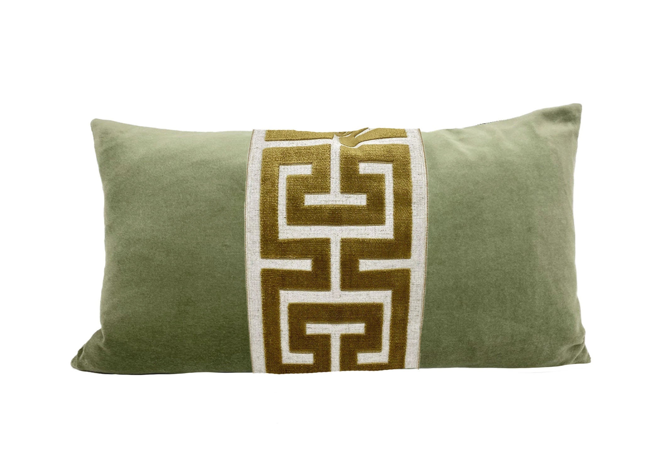 Sage Green Velvet Lumbar Pillow Cover with Large Greek Key Trim - SELECT TRIM COLOR