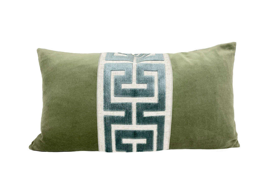 Sage Green Velvet Lumbar Pillow Cover with Large Greek Key Trim - SELECT TRIM COLOR