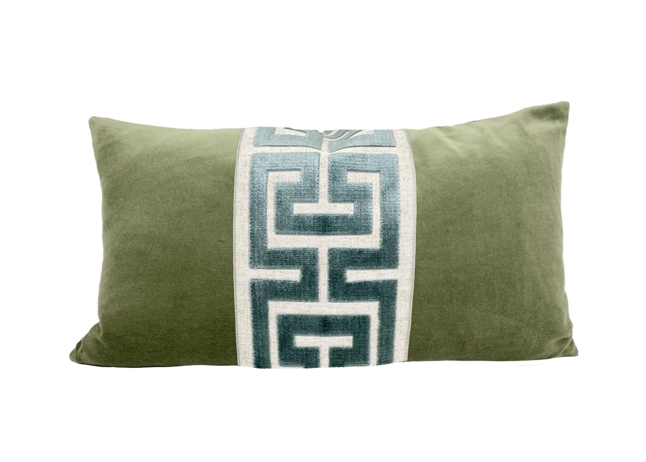 Sage Green Velvet Lumbar Pillow Cover with Large Greek Key Trim - SELECT TRIM COLOR