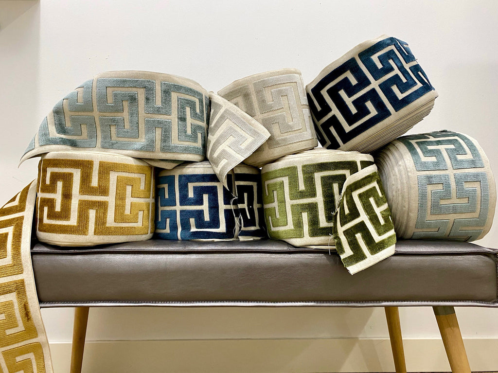 Sage Green Velvet Lumbar Pillow Cover with Large GREEN Greek Key Trim
