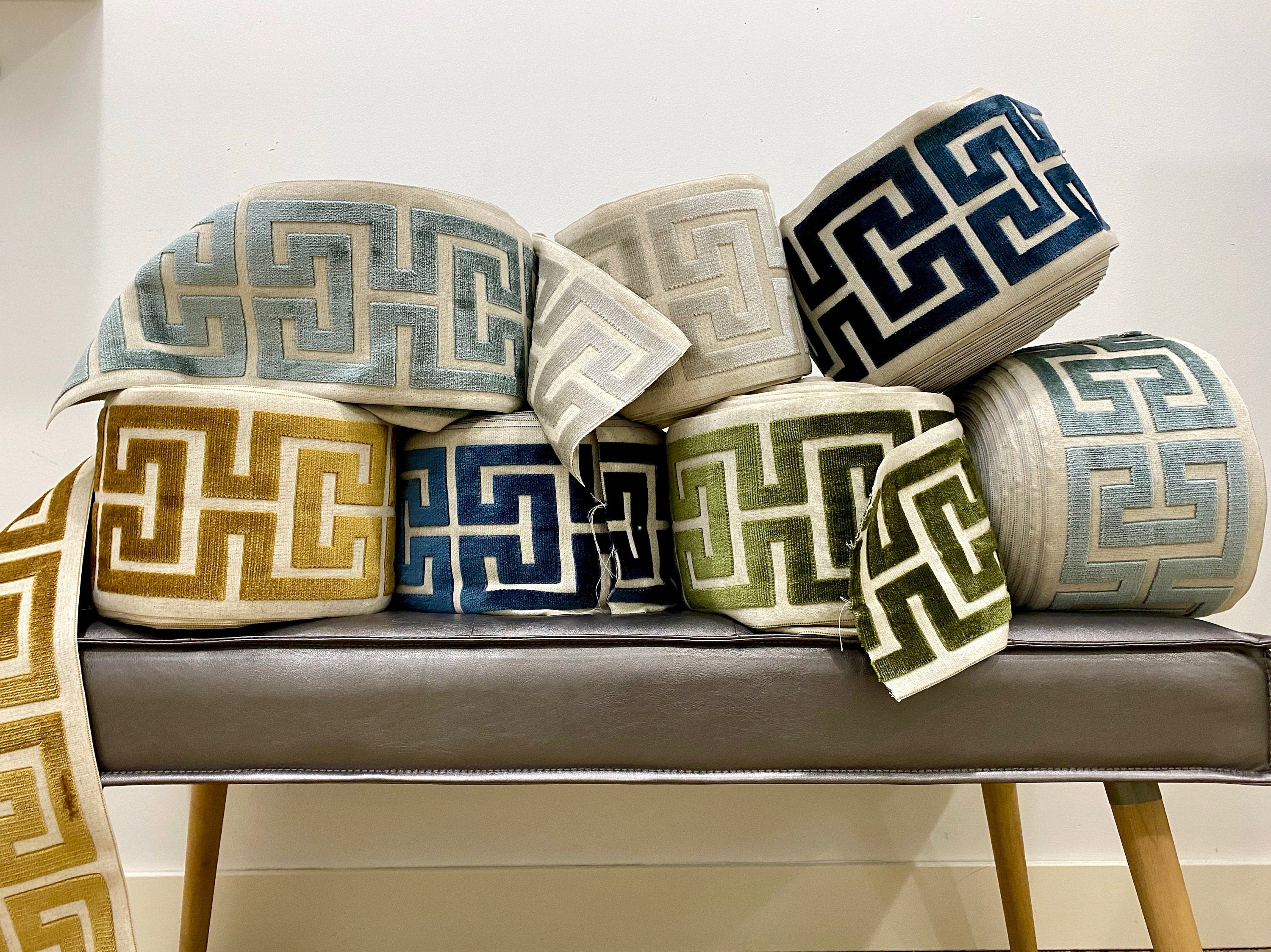 Sage Green Velvet Lumbar Pillow Cover with Large GREEN Greek Key Trim