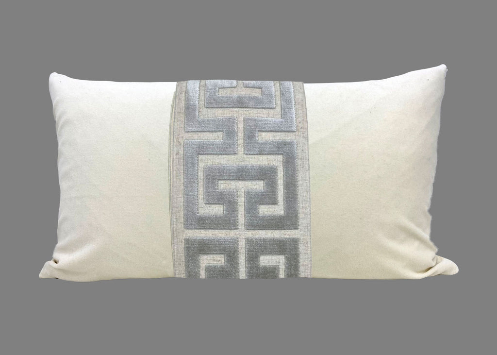 Off White Velvet Lumbar Pillow Cover with Large Greek Key Trim - SELECT TRIM COLOR