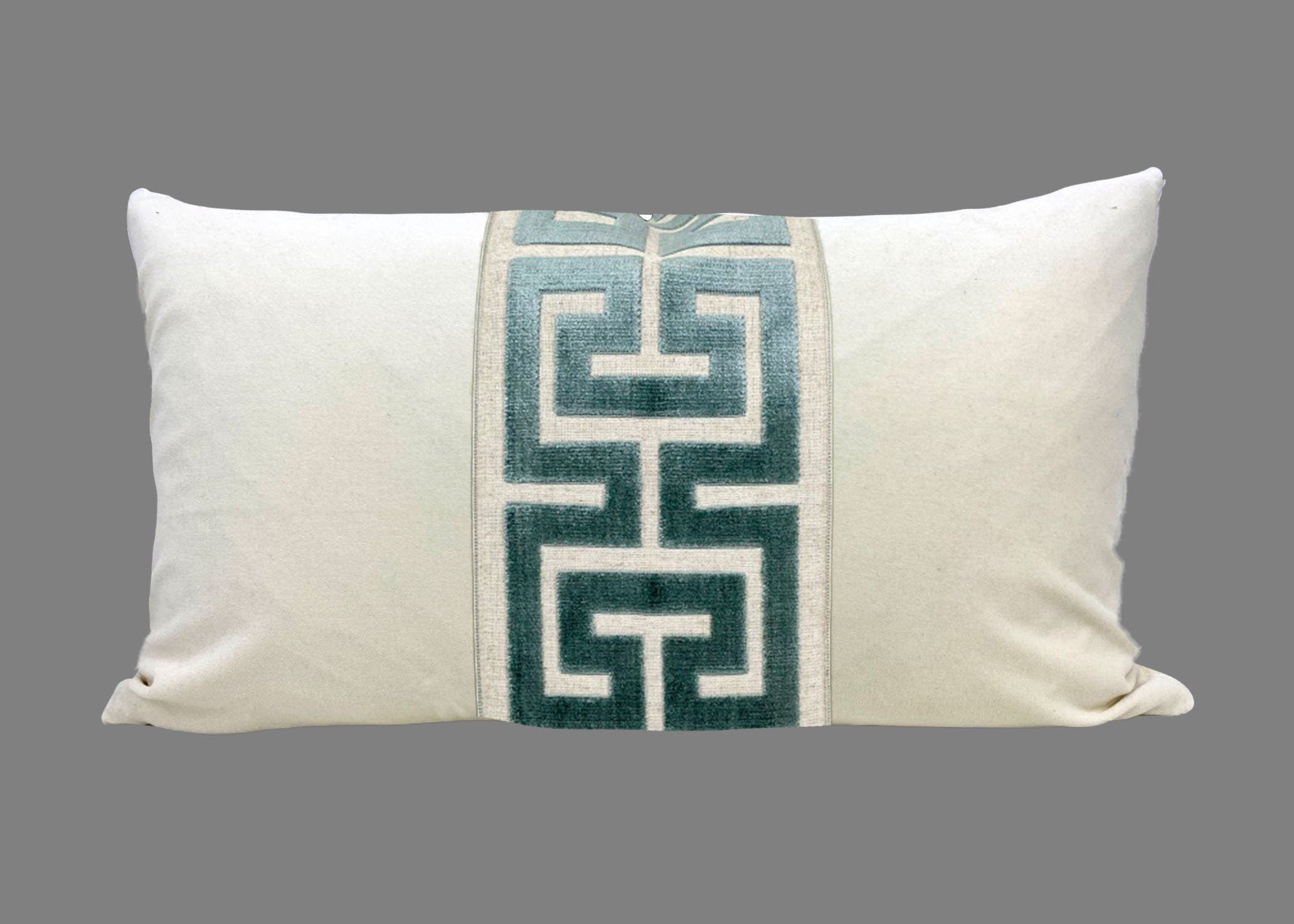 Off White Velvet Lumbar Pillow Cover with Large Greek Key Trim - SELECT TRIM COLOR