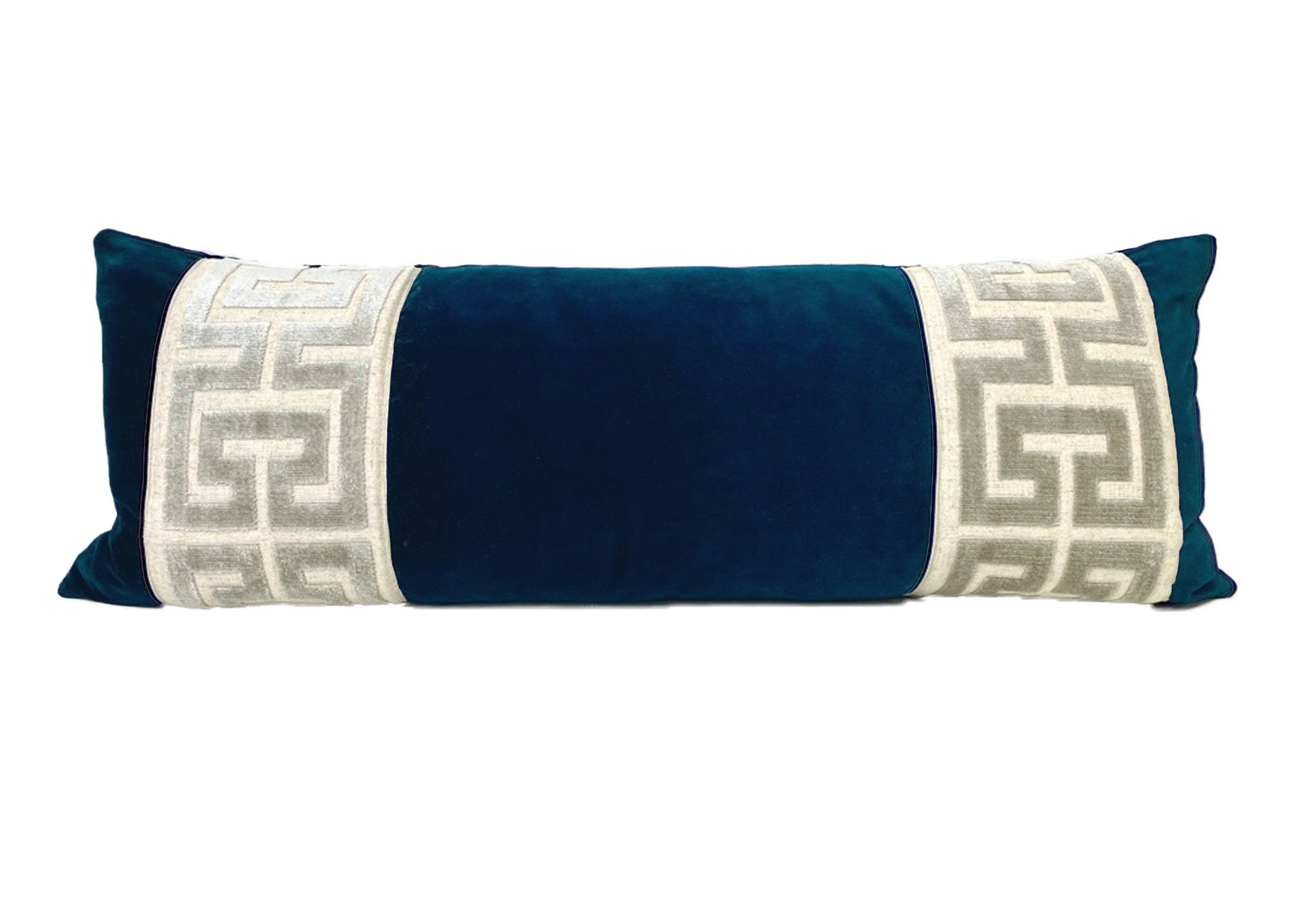 Navy Velvet Long Lumbar Pillow Cover with Large Greek Key Trim - SELECT TRIM COLOR