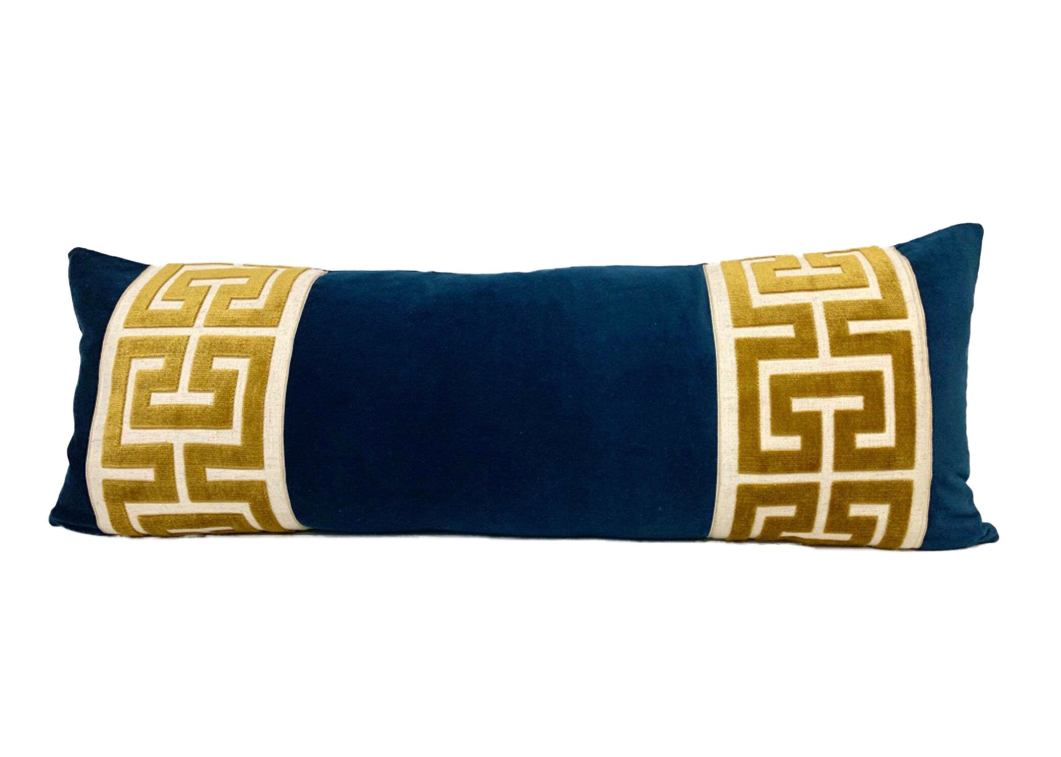 Navy Velvet Long Lumbar Pillow Cover with Large Greek Key Trim - SELECT TRIM COLOR