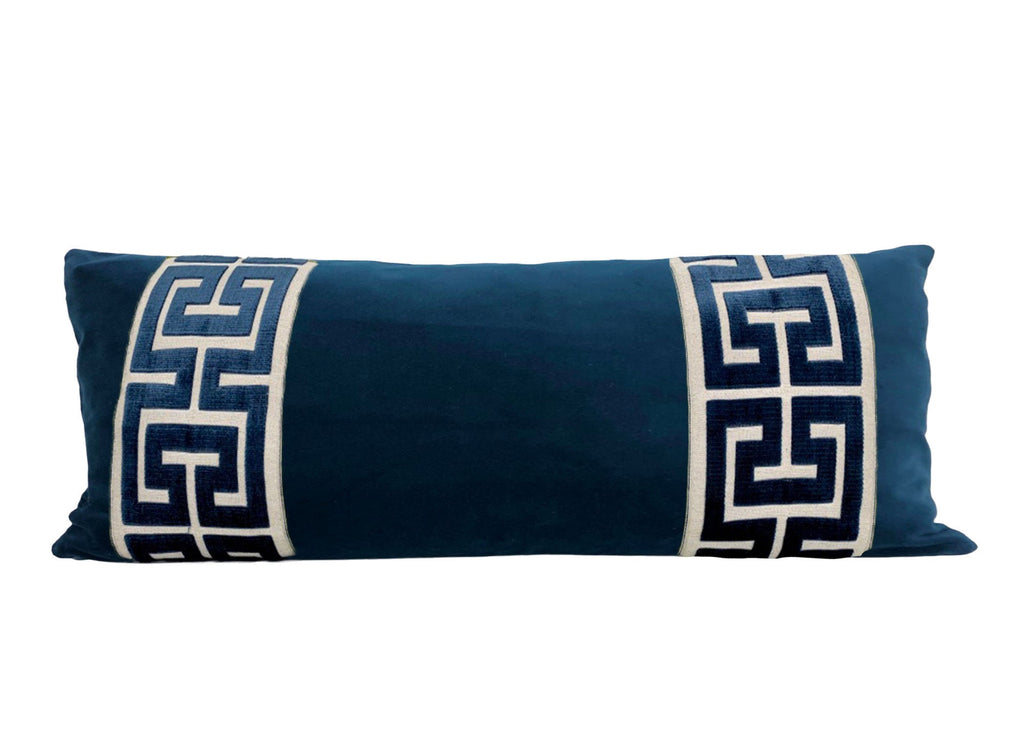 Navy Velvet Long Lumbar Pillow Cover with Large Greek Key Trim - SELECT TRIM COLOR