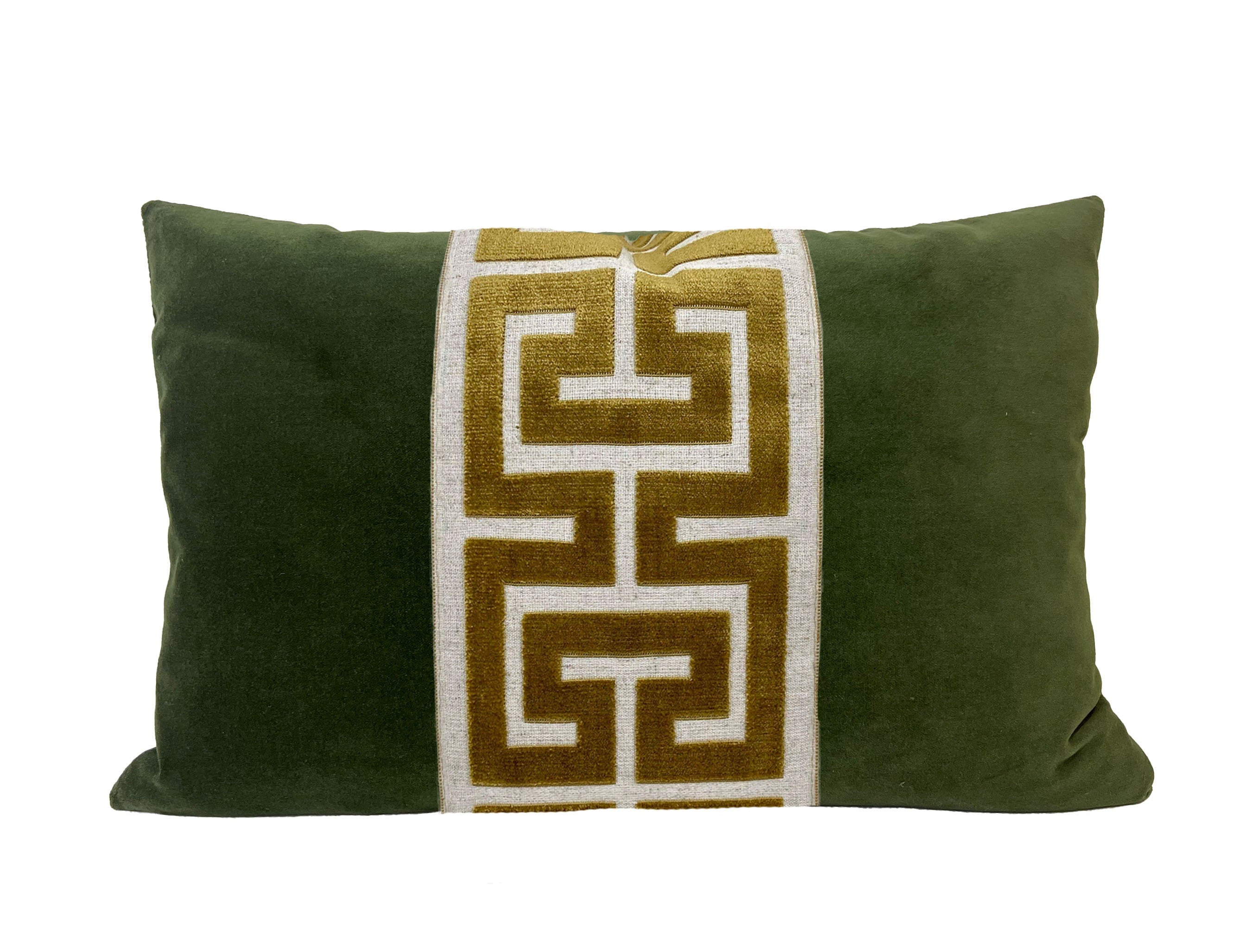 Moss Green Lumbar Pillow Cover with Large Greek Key Trim - SELECT TRIM COLOR
