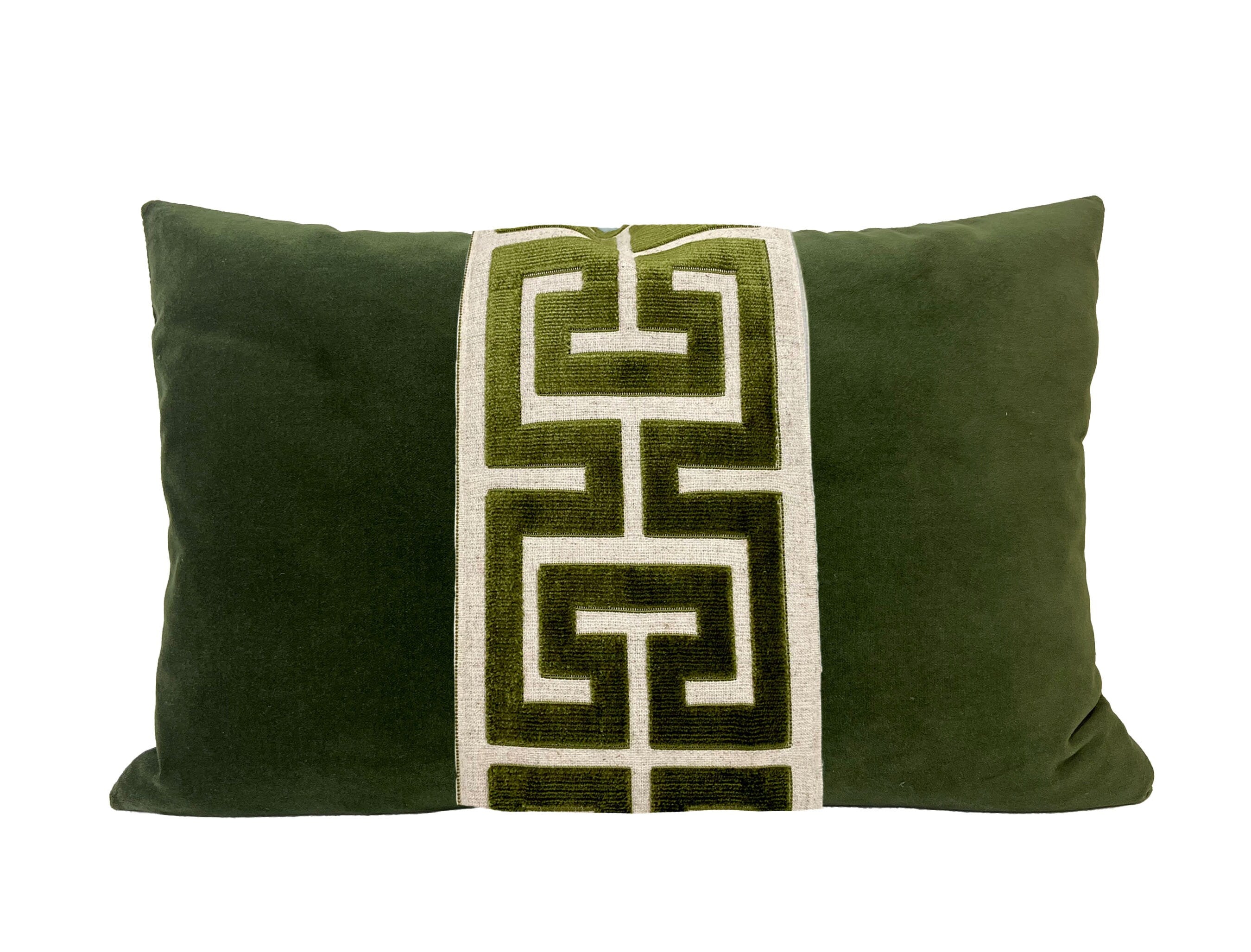 Moss Green Lumbar Pillow Cover with Large Greek Key Trim - SELECT TRIM COLOR