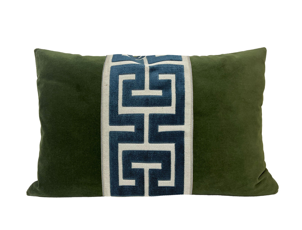 Moss Green Lumbar Pillow Cover with Large Greek Key Trim - SELECT TRIM COLOR
