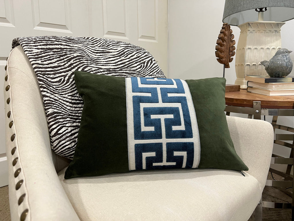 Moss Green Lumbar Pillow Cover with Large Greek Key Trim - SELECT TRIM COLOR