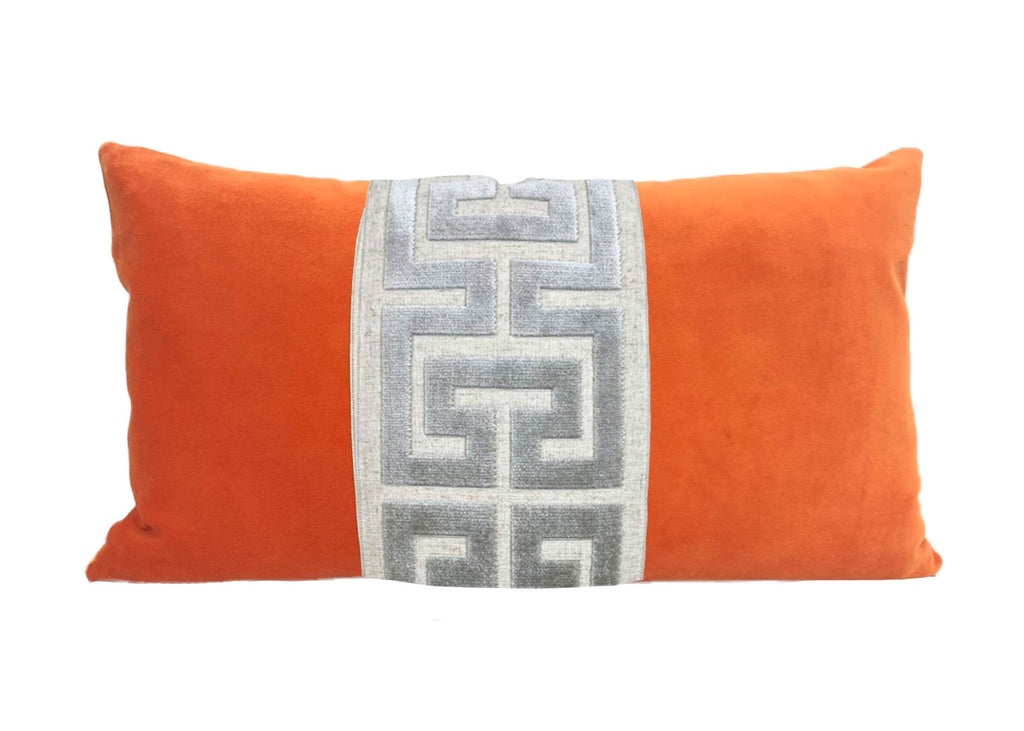 Orange Velvet Lumbar Pillow Cover with Large Greek Key Trim - SELECT TRIM COLOR