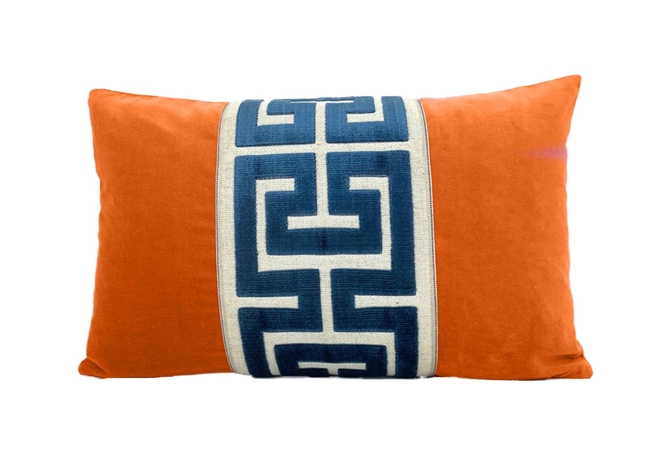 Orange Velvet Lumbar Pillow Cover with Large Greek Key Trim - SELECT TRIM COLOR