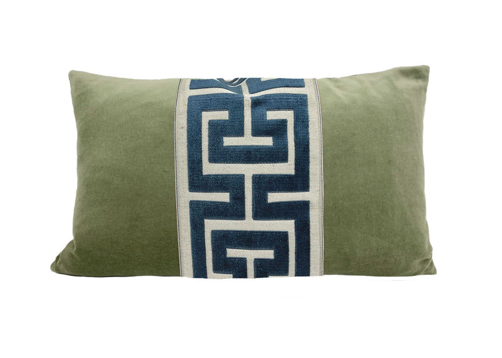 Sage Green Velvet Lumbar Pillow Cover with Large Greek Key Trim - SELECT TRIM COLOR