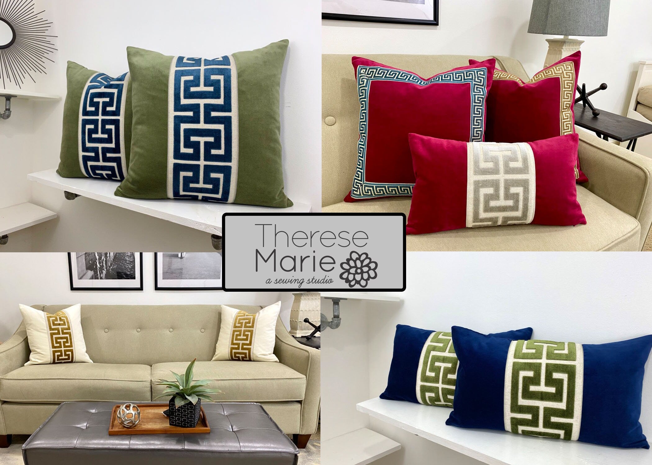 Sage Green Velvet Lumbar Pillow Cover with Large GOLD Greek Key Trim