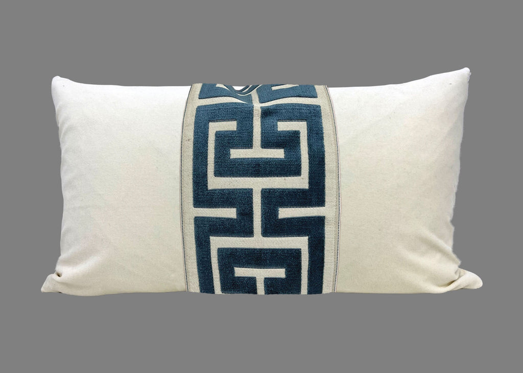 Off White Velvet Lumbar Pillow Cover with Large Greek Key Trim - SELECT TRIM COLOR