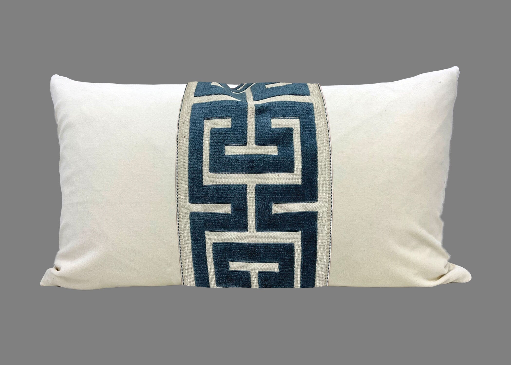 Off White Velvet Lumbar Pillow Cover with Large Greek Key Trim - SELECT TRIM COLOR