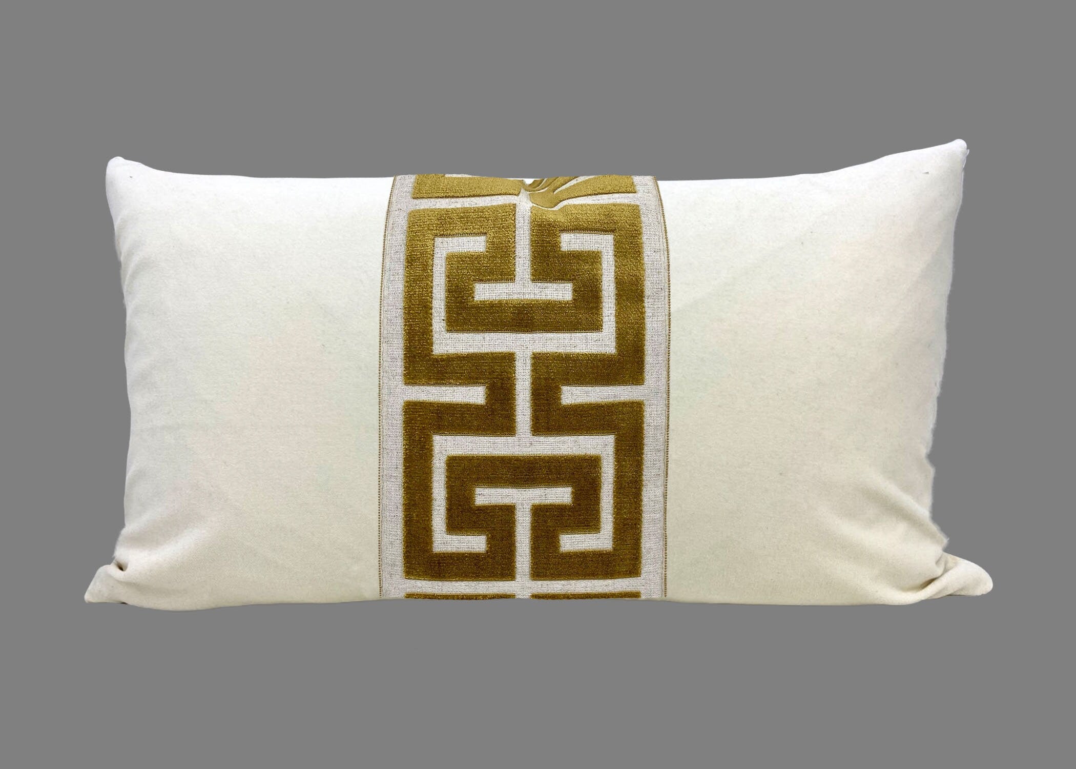 Off White Velvet Lumbar Pillow Cover with Large Greek Key Trim - SELECT TRIM COLOR