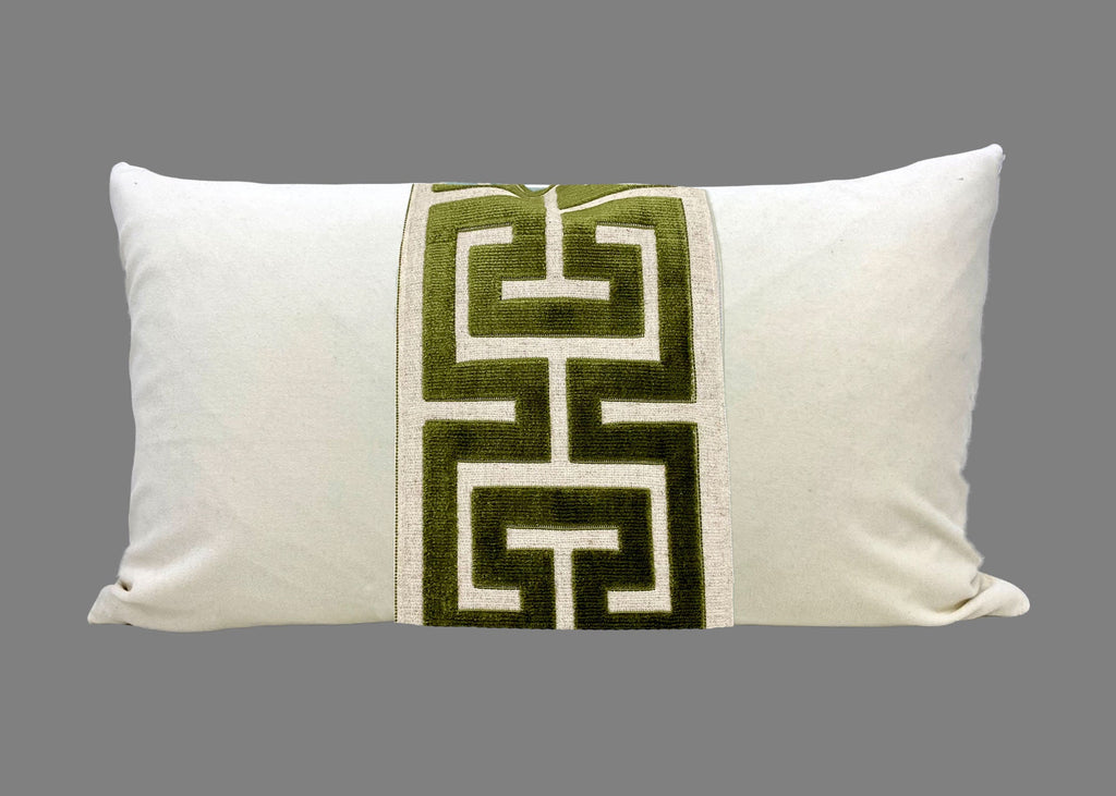 Off White Velvet Lumbar Pillow Cover with Large Greek Key Trim - SELECT TRIM COLOR