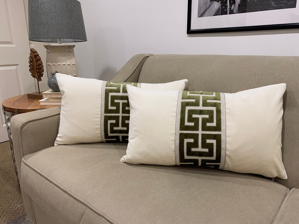 Off White Velvet Lumbar Pillow Cover with Large NAVY Greek Key Trim