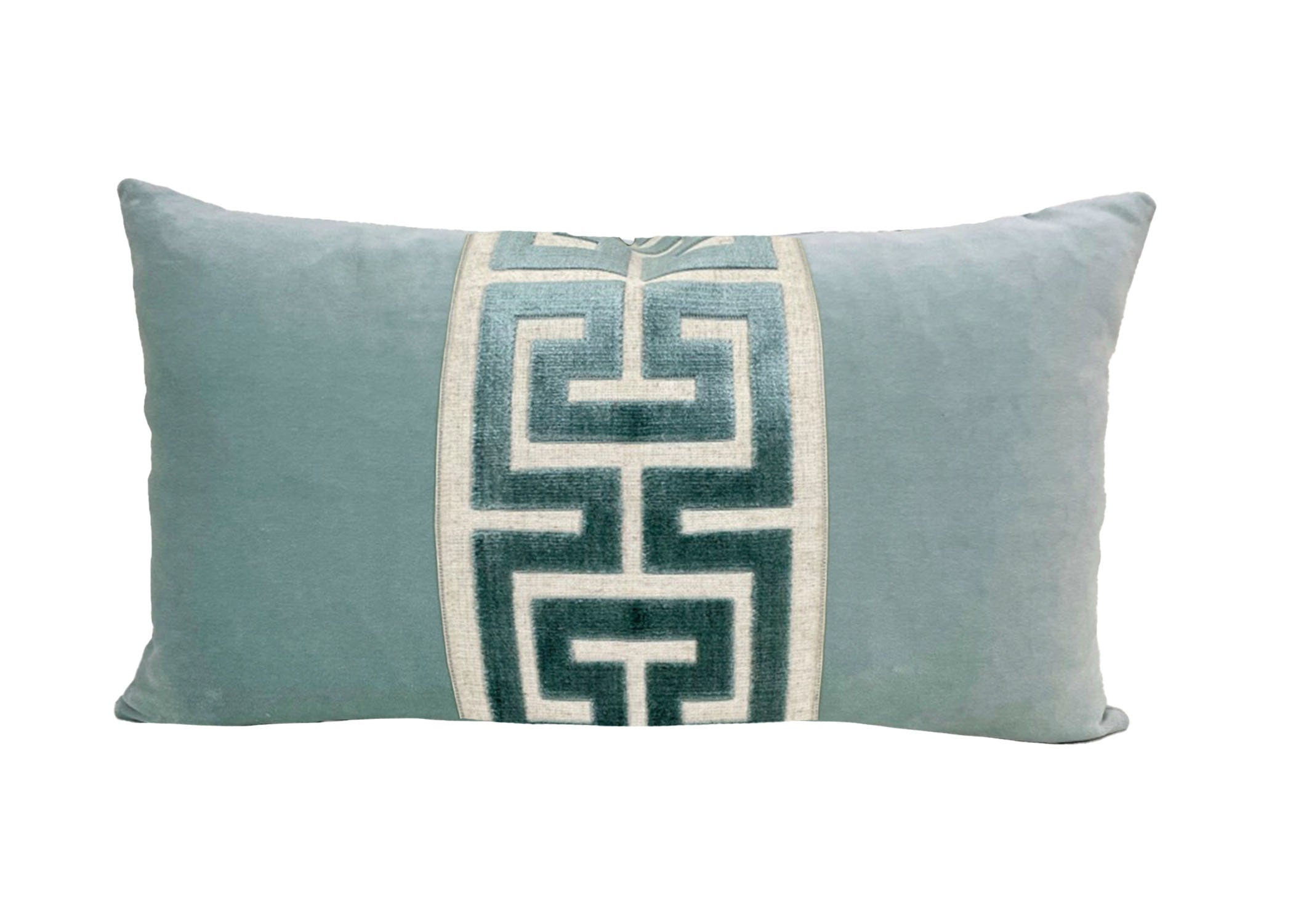 Aqua Mist Velvet Lumbar Pillow Cover with Large Greek Key Trim - SELECT TRIM COLOR