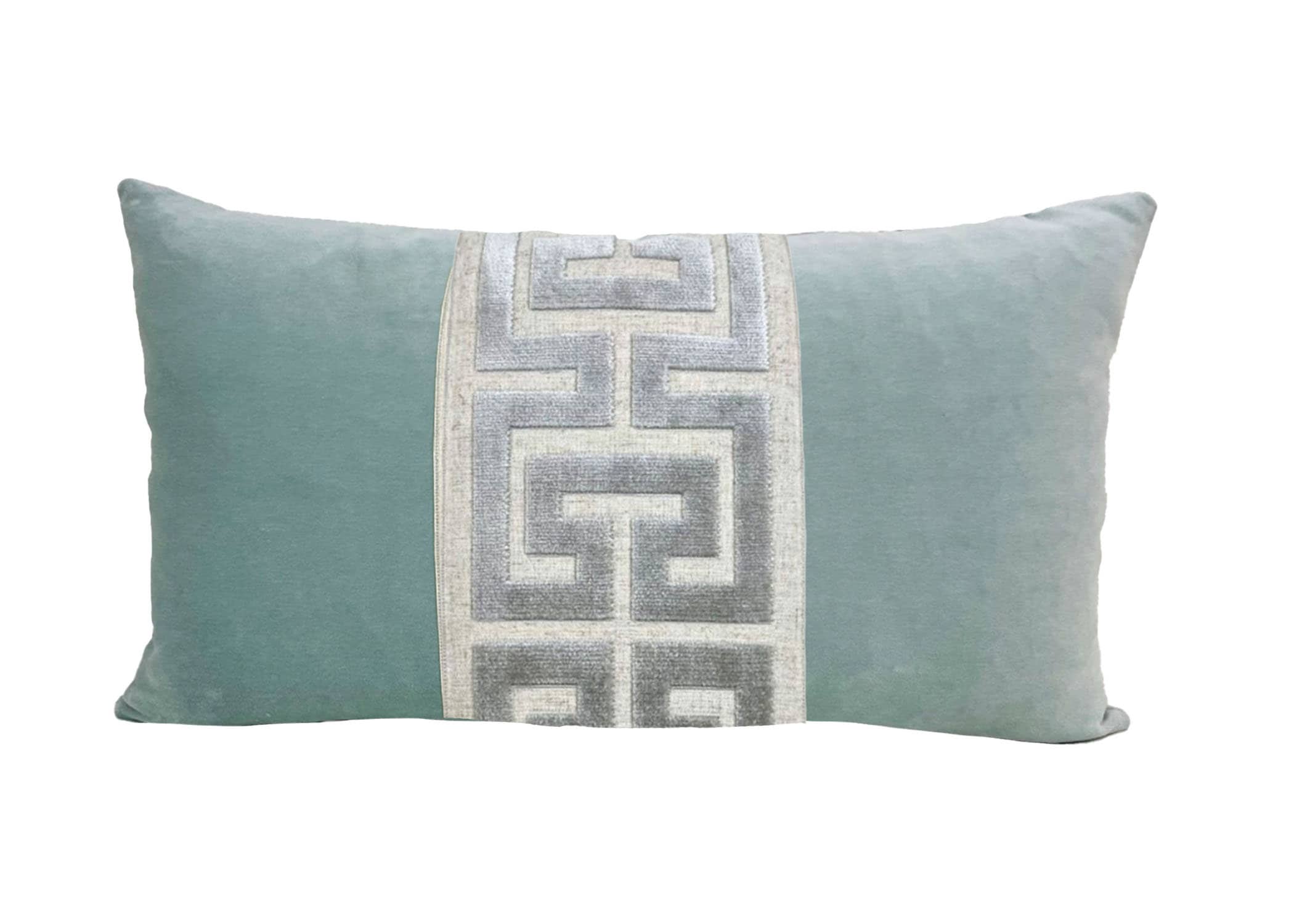 Aqua Mist Velvet Lumbar Pillow Cover with Large Greek Key Trim - SELECT TRIM COLOR