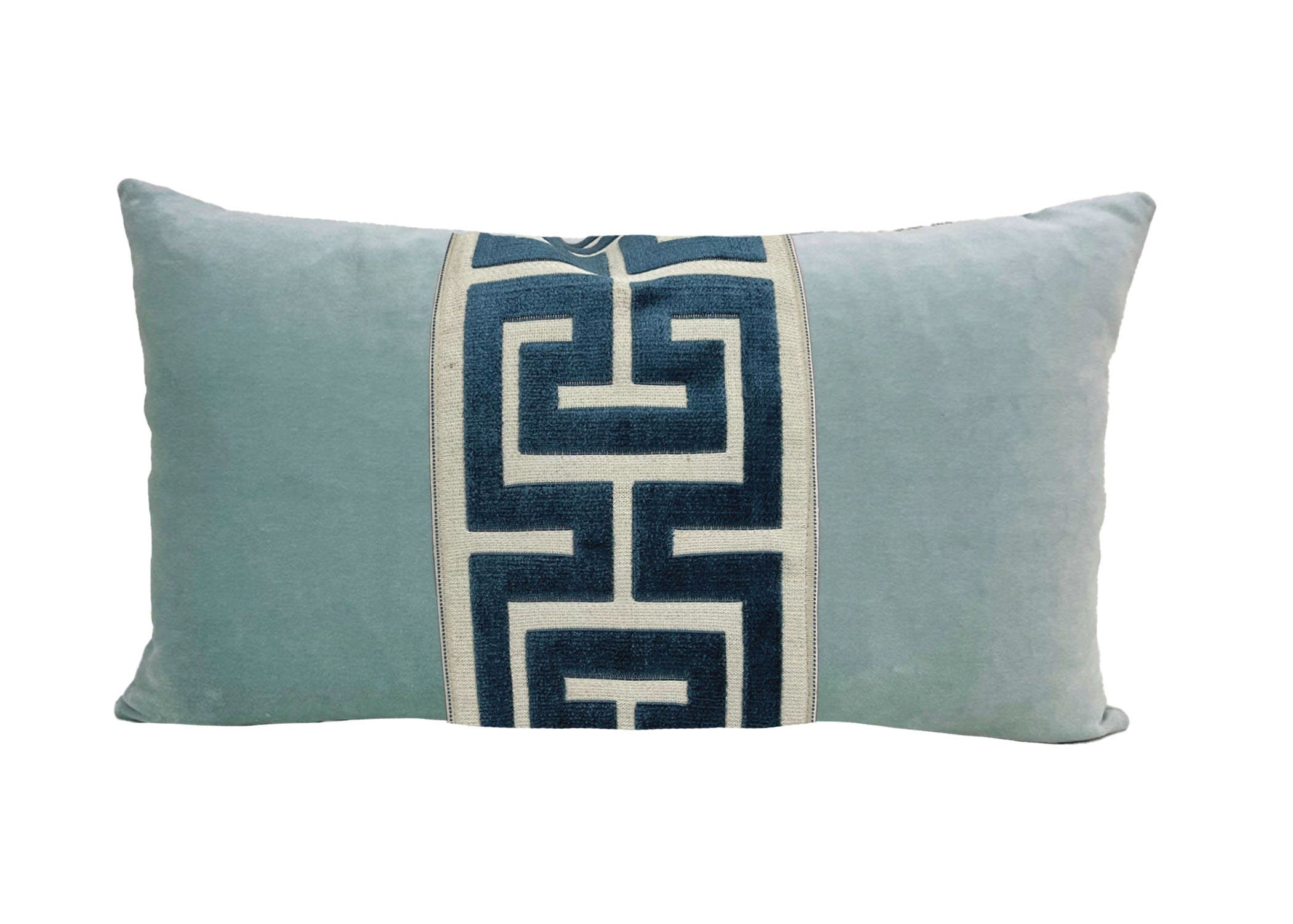 Aqua Mist Velvet Lumbar Pillow Cover with Large Greek Key Trim - SELECT TRIM COLOR