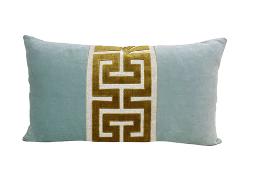 Aqua Mist Velvet Lumbar Pillow Cover with Large Greek Key Trim - SELECT TRIM COLOR