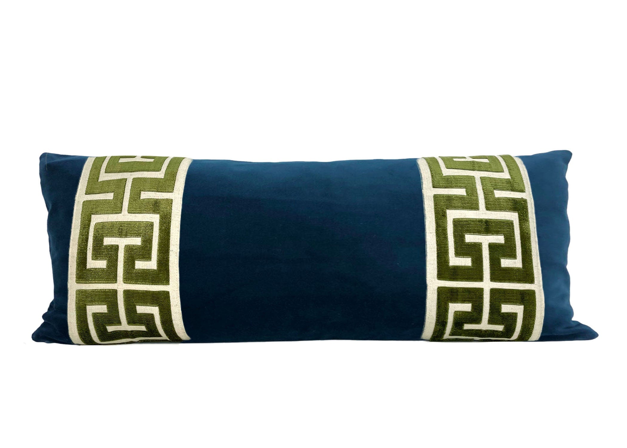 Navy Velvet Long Lumbar Pillow Cover with Large Greek Key Trim - SELECT TRIM COLOR