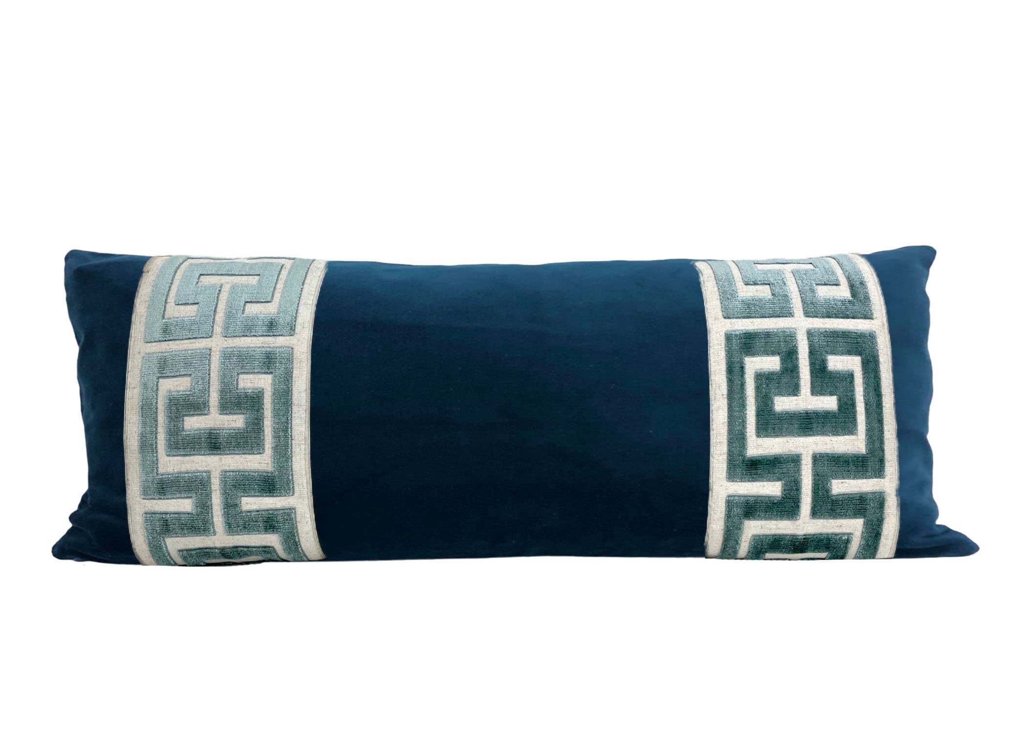 Navy Velvet Long Lumbar Pillow Cover with Large Greek Key Trim - SELECT TRIM COLOR