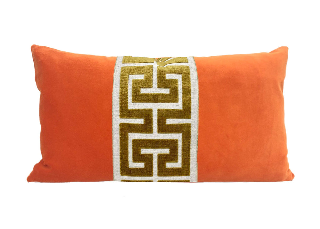 Orange Velvet Lumbar Pillow Cover with Large Greek Key Trim - SELECT TRIM COLOR