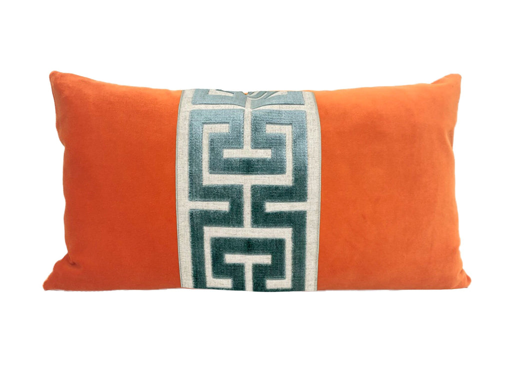 Orange Velvet Lumbar Pillow Cover with Large Greek Key Trim - SELECT TRIM COLOR