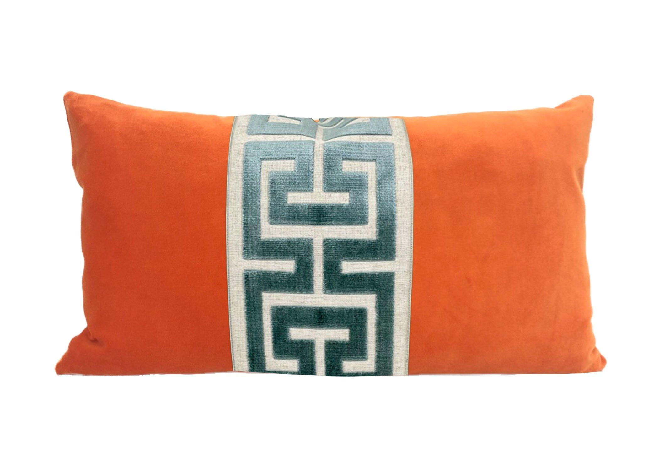 Orange Velvet Lumbar Pillow Cover with Large Greek Key Trim - SELECT TRIM COLOR