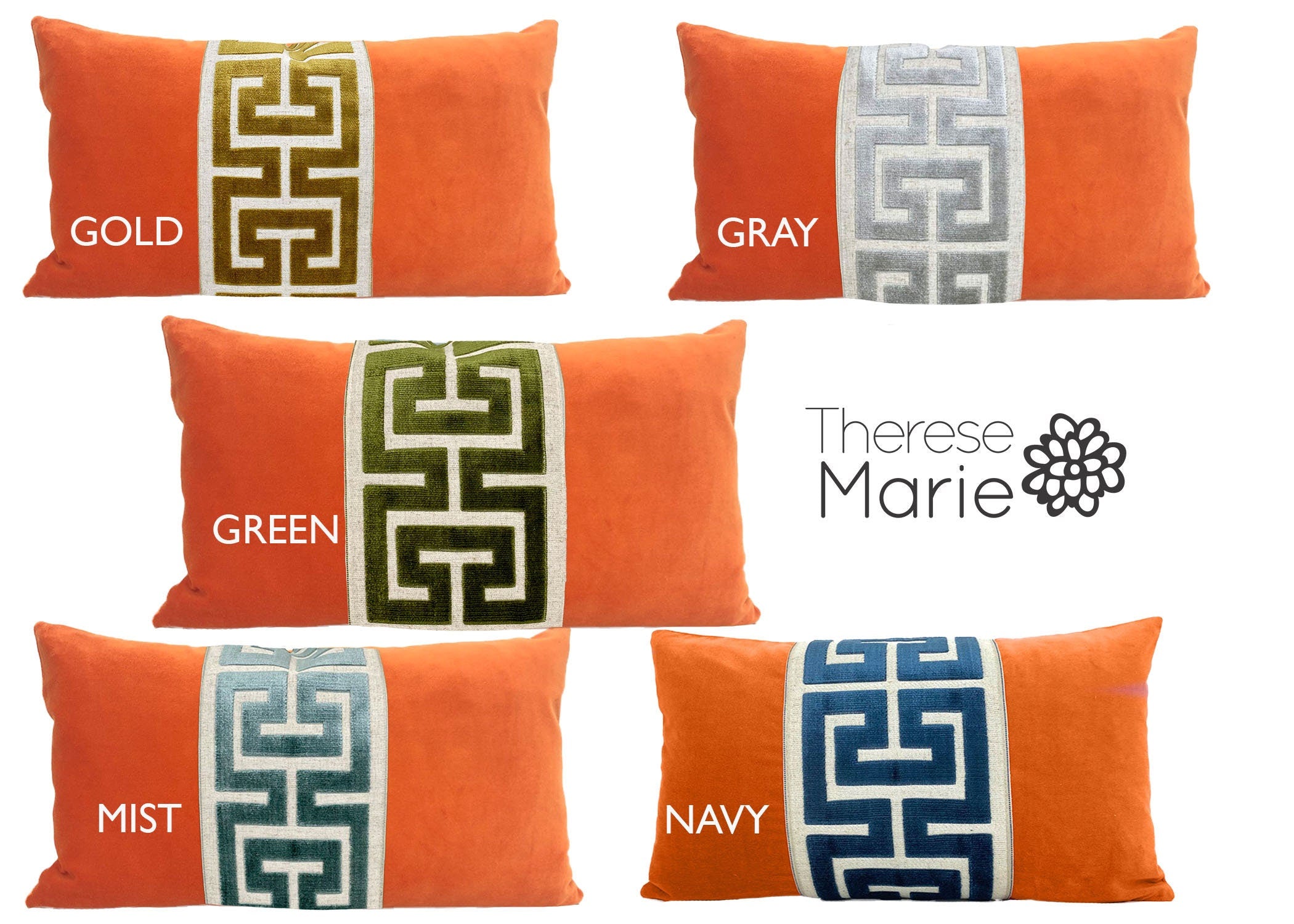 Orange Velvet Lumbar Pillow Cover with Large Greek Key Trim - SELECT TRIM COLOR