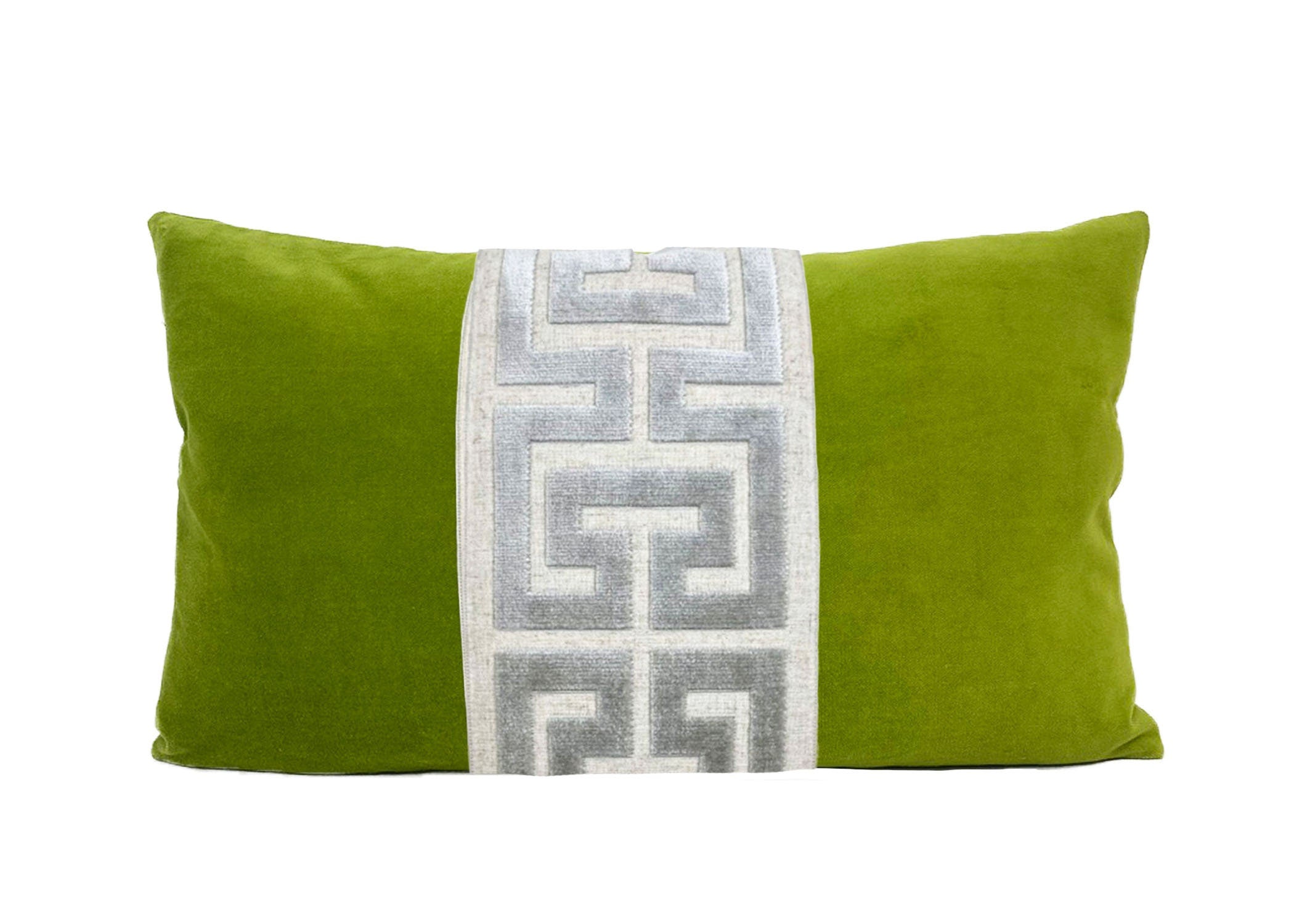 Lime Green Velvet Lumbar Pillow Cover with Large Greek Key - SELECT TRIM COLOR