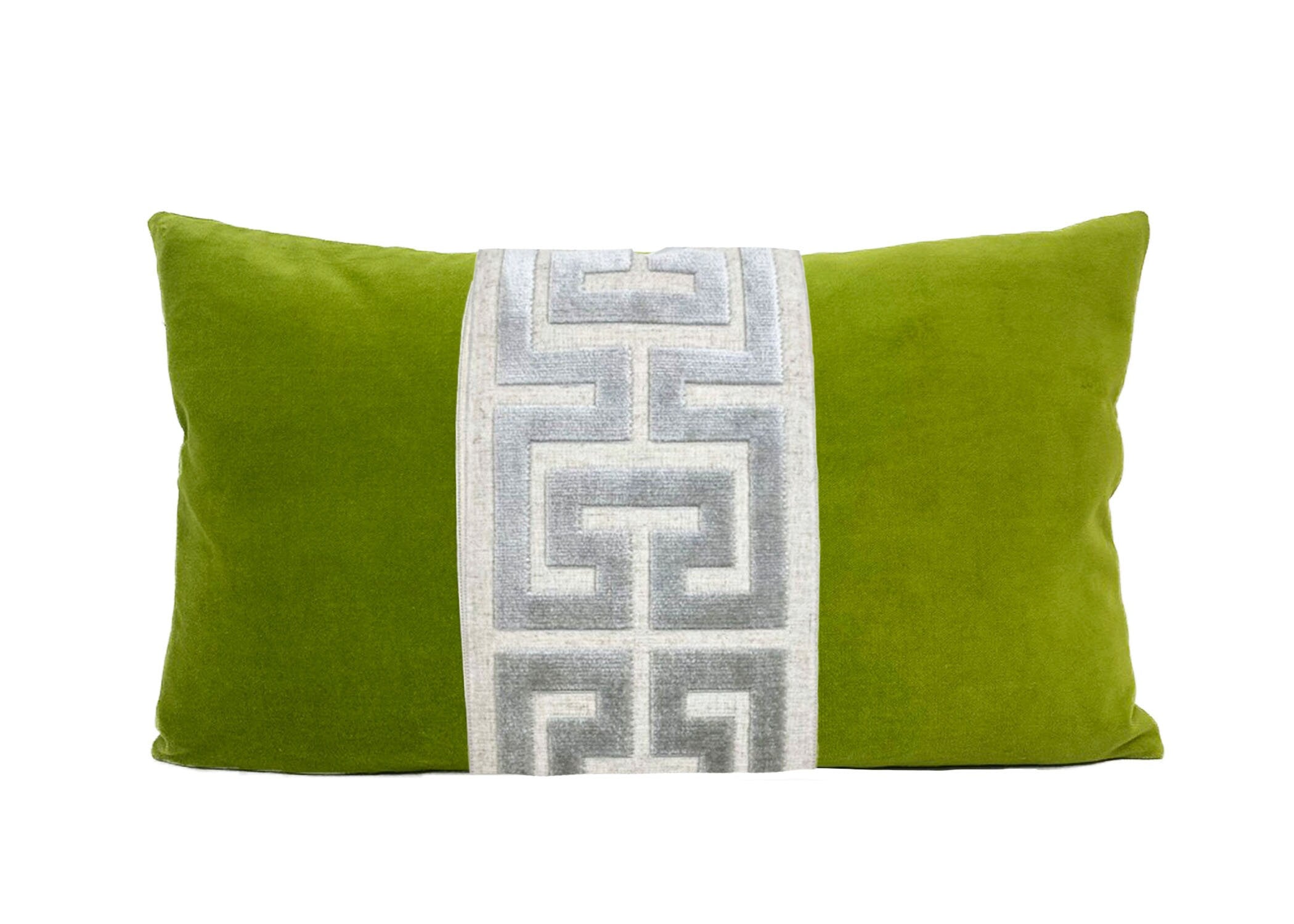 Lime Green Velvet Lumbar Pillow Cover with Large Greek Key - SELECT TRIM COLOR